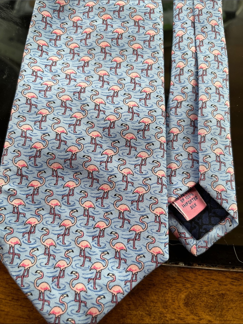 Vineyard Vines Pink Flamingo Silk Tie on Light Blue